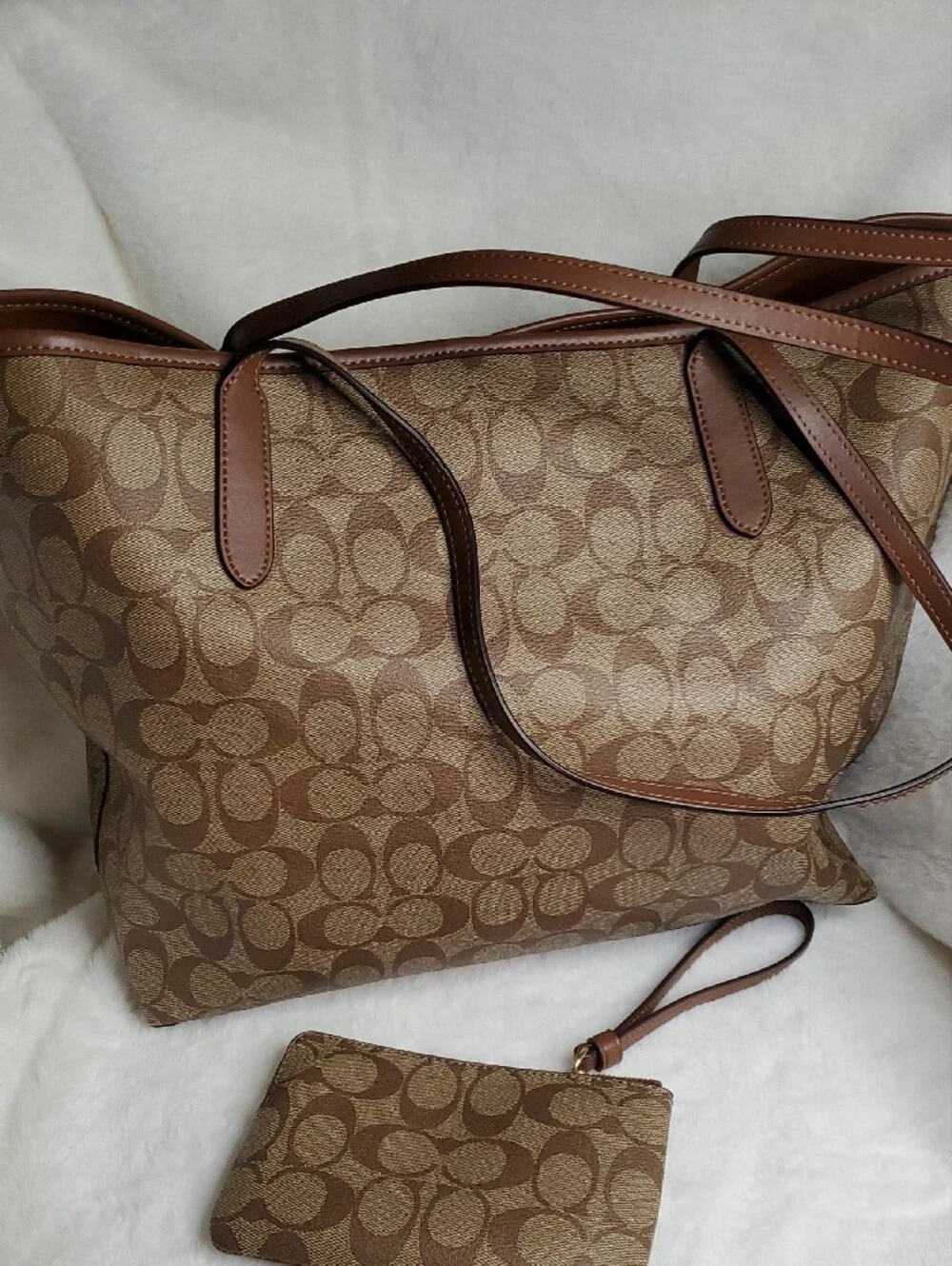 Coach Brown Signature Canvas Tote with Matching Wristlet